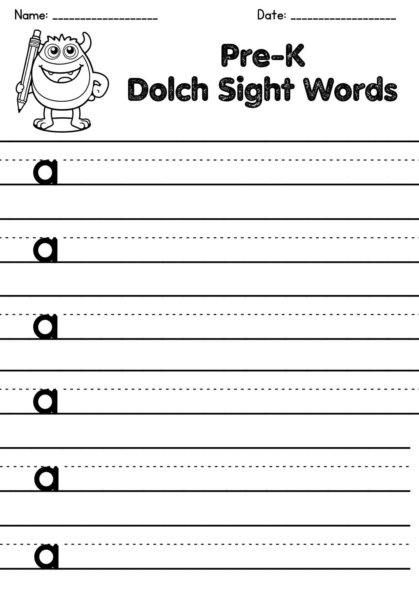 "a" Dolch Sight Word Tracing Page – Free PDF Download